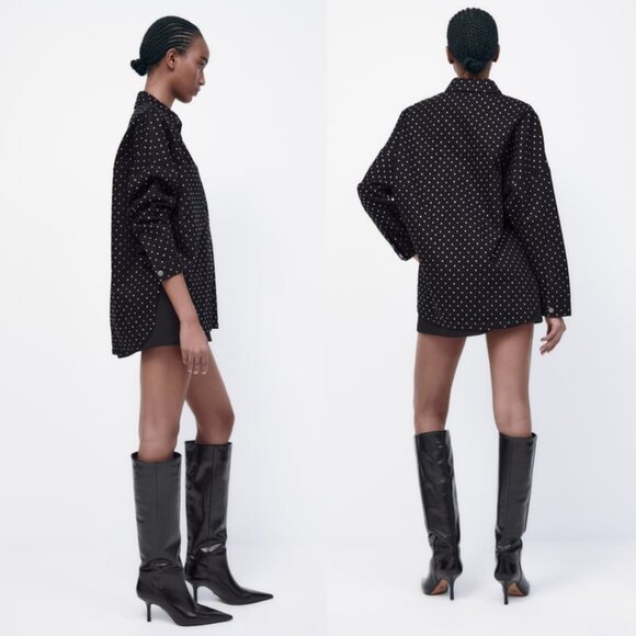 NWT Zara Button Up Shirt Black Denim Oversized Fit Rhinestone Appliques Allover - Picture 2 of 9